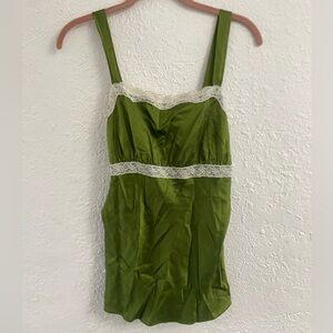 The Limited Olive Green Silk Top with Lace Accents and Tie in back, Size Medium